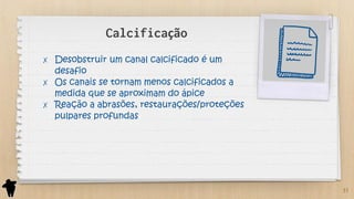 Calcificação
✗ Desobstruir um canal calcificado é um
desafio
✗ Os canais se tornam menos calcificados a
medida que se aproximam do ápice
✗ Reação a abrasões, restaurações/proteções
pulpares profundas
31
 