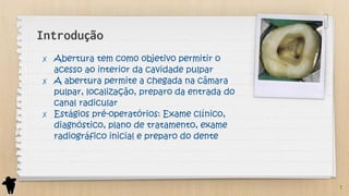 Introdução
✗ Abertura tem como objetivo permitir o
acesso ao interior da cavidade pulpar
✗ A abertura permite a chegada na câmara
pulpar, localização, preparo da entrada do
canal radicular
✗ Estágios pré-operatórios: Exame clínico,
diagnóstico, plano de tratamento, exame
radiográfico inicial e preparo do dente
7
 