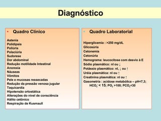Diagnóstico Quadro Clínico Astenia Polidipsia Poliúria Polaciúria Sudorese Dor abdominal Redução motilidade Intestinal Anorexia Náuseas Vômitos Pele e mucosas ressecadas Redução da pressão venosa jugular Taquicardia Hipotensão ortostática Alterações do nível de consciência Hálito cetônico Respiração de Kusmaull Quadro Laboratorial Hiperglicemia : >250 mg/dL Glicosúria Cetonemia Cetonúria Hemograma: leucocitose com desvio à E Sódio plasmático: nl ou  ↓ Potássio plasmático: nl,  ↓  ou  ↑ Uréia plasmática:  nl ou  ↑ Creatinina plasmática:  nl ou  ↑ Gasometria : acidose metabólica – pH<7,3; HCO 3 -  < 15 ; PO 2  >100; PCO 2 <30 