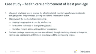 11 © 2015 CA. ALL RIGHTS RESERVED.@CAWORLD #CAWORLD
Case study – health care enforcement of least privilege
 Misuse of privileged access granted for a legitimate job function was allowing insiders to
disrupt systems and processes, placing both brand and revenue at risk.
 Objectives of the least privilege monitoring:
– Identify inappropriate access for job function
– Reduce the likelihood of over-granting access
– Correlate records access with customer interactions
 The least privilege monitoring service was achieved through the integration of activity data
from source applications, entitlement inventory and the provisioning engine.
 