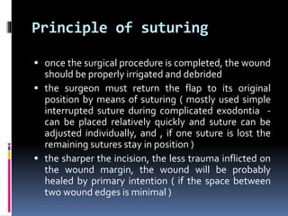 Principle of suturing
 once the surgical procedure is completed, the wound
should be properly irrigated and debrided
 the surgeon must return the flap to its original
position by means of suturing ( mostly used simple
interrupted suture during complicated exodontia -
can be placed relatively quickly and suture can be
adjusted individually, and , if one suture is lost the
remaining sutures stay in position )
 the sharper the incision, the less trauma inflicted on
the wound margin, the wound will be probably
healed by primary intention ( if the space between
two wound edges is minimal )
 