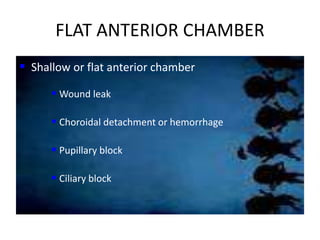 FLAT ANTERIOR CHAMBER
 Shallow or flat anterior chamber
 Wound leak
 Choroidal detachment or hemorrhage
 Pupillary block
 Ciliary block
 