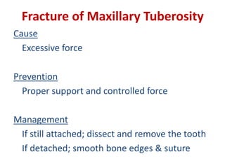 Fracture of Maxillary Tuberosity
Cause
Excessive force
Prevention
Proper support and controlled force
Management
If still attached; dissect and remove the tooth
If detached; smooth bone edges & suture
 