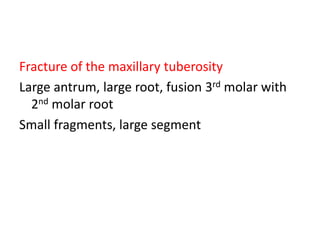 Fracture of the maxillary tuberosity
Large antrum, large root, fusion 3rd molar with
2nd molar root
Small fragments, large segment
 