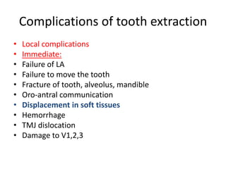 Complications of tooth extraction
• Local complications
• Immediate:
• Failure of LA
• Failure to move the tooth
• Fracture of tooth, alveolus, mandible
• Oro-antral communication
• Displacement in soft tissues
• Hemorrhage
• TMJ dislocation
• Damage to V1,2,3
 