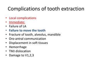 Complications of tooth extraction
• Local complications
• Immediate:
• Failure of LA
• Failure to move the tooth
• Fracture of tooth, alveolus, mandible
• Oro-antral communication
• Displacement in soft tissues
• Hemorrhage
• TMJ dislocation
• Damage to V1,2,3
 