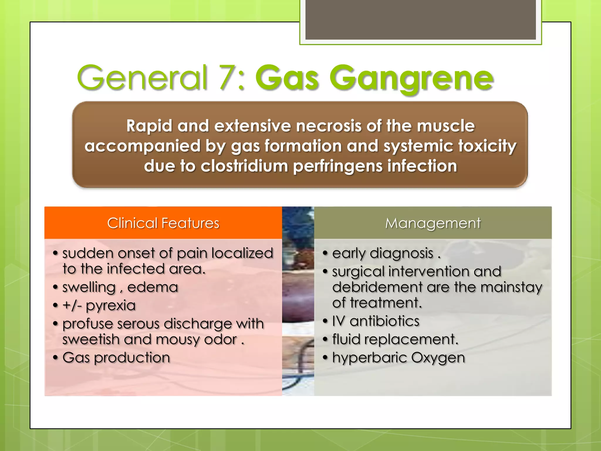 General 5: Management Deep vein thrombosis and pulmonary embolism.AnticoagulationAmbulate patientEstablished thrombosis/embolismLimb elevationHeparinizationThrombolysisOxygenation or ventilationPREVENTIONCorrect hypovolemiaCalf muscle exerciseProper positioningWell fitting bandages & castLimb elevationGraduated compression stockingsCalf muscle stimulation