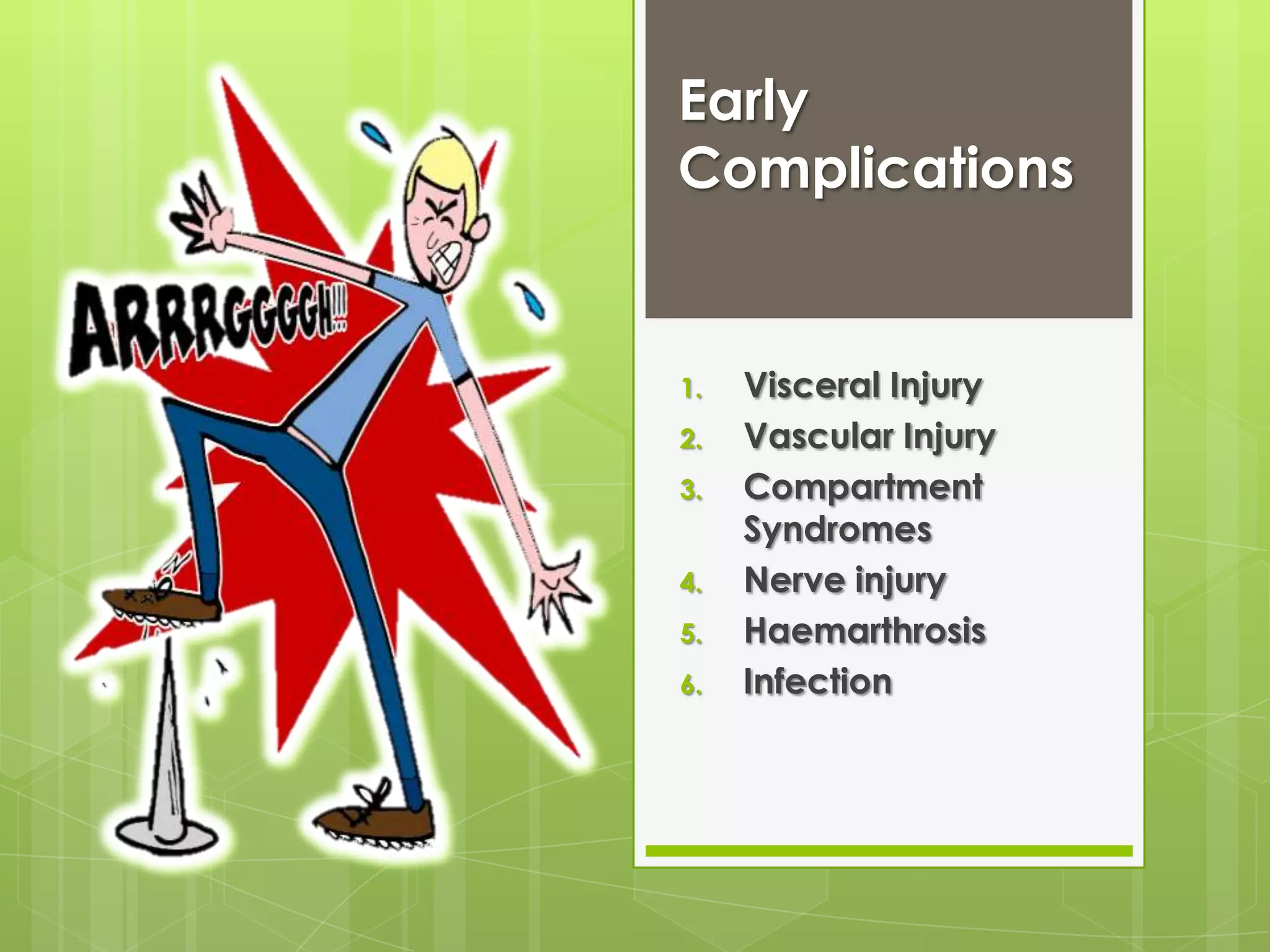 General 6: Fat EmbolismSKIN: Fat droplets  obstruct alveolar capillaries  thromboplastin release  consumption of coagulation fx & platelets  DIVC/Skin necrosis  PetechiaLUNG: Fat droplets  obstruct alveolar capillaries  thromboplastin release  alter membrane permeability / lung surfactant  oedema  respiratiory failure [V/Q Mismatch]BRAIN: Fat droplets  obstruct capillaries  confusion  coma/fits  death