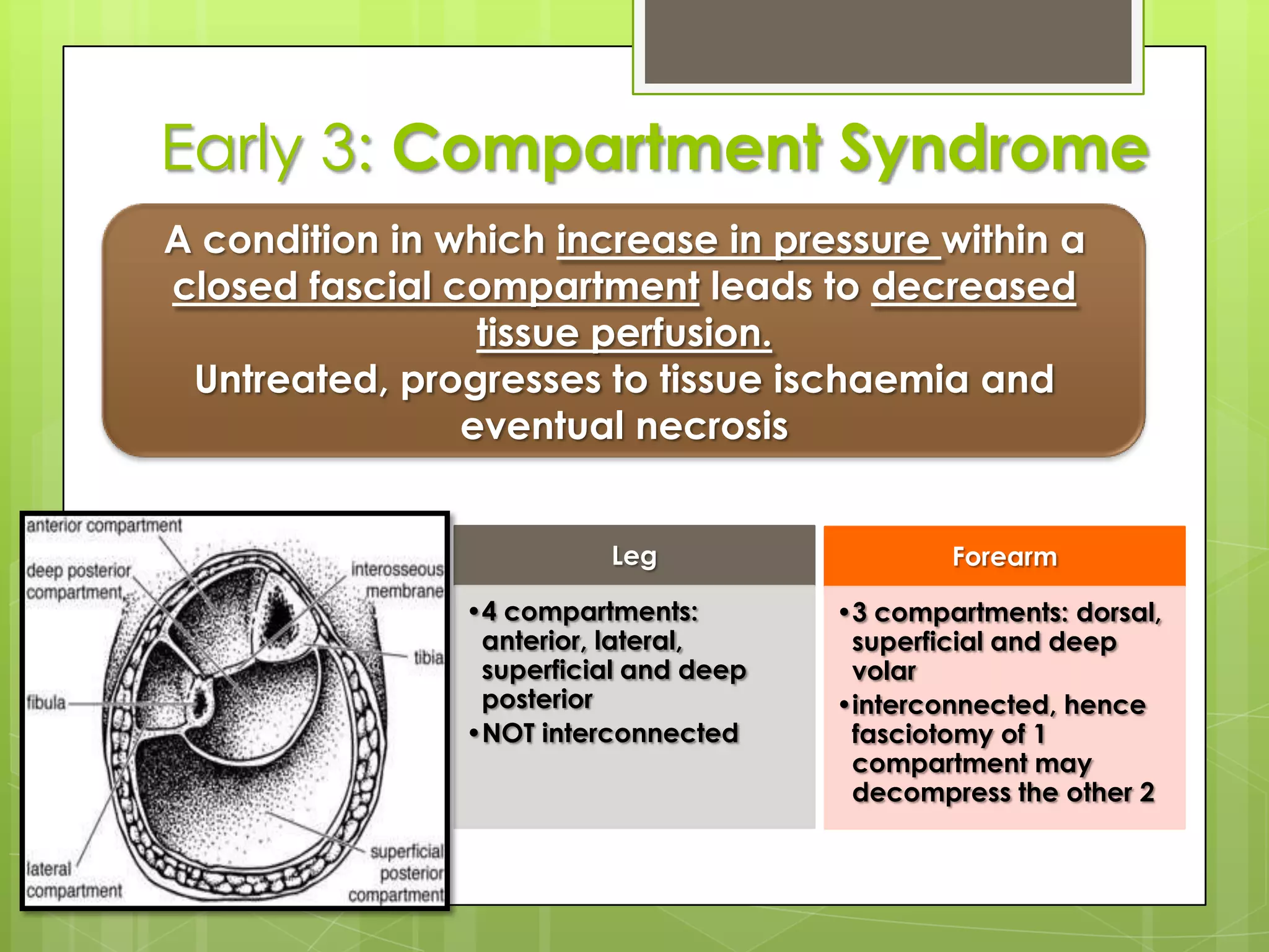 Early 1: Visceral injuryFractures around the trunk are often complicated by visceral injury.E.g. Rib fractures  pneumothorax / spleen trauma / liver injuries.E.g. Pelvic injuries  bladder or urethral rupture / severe hematoma in the retro-peritoneum .Rx: Surgery of visceral injuries