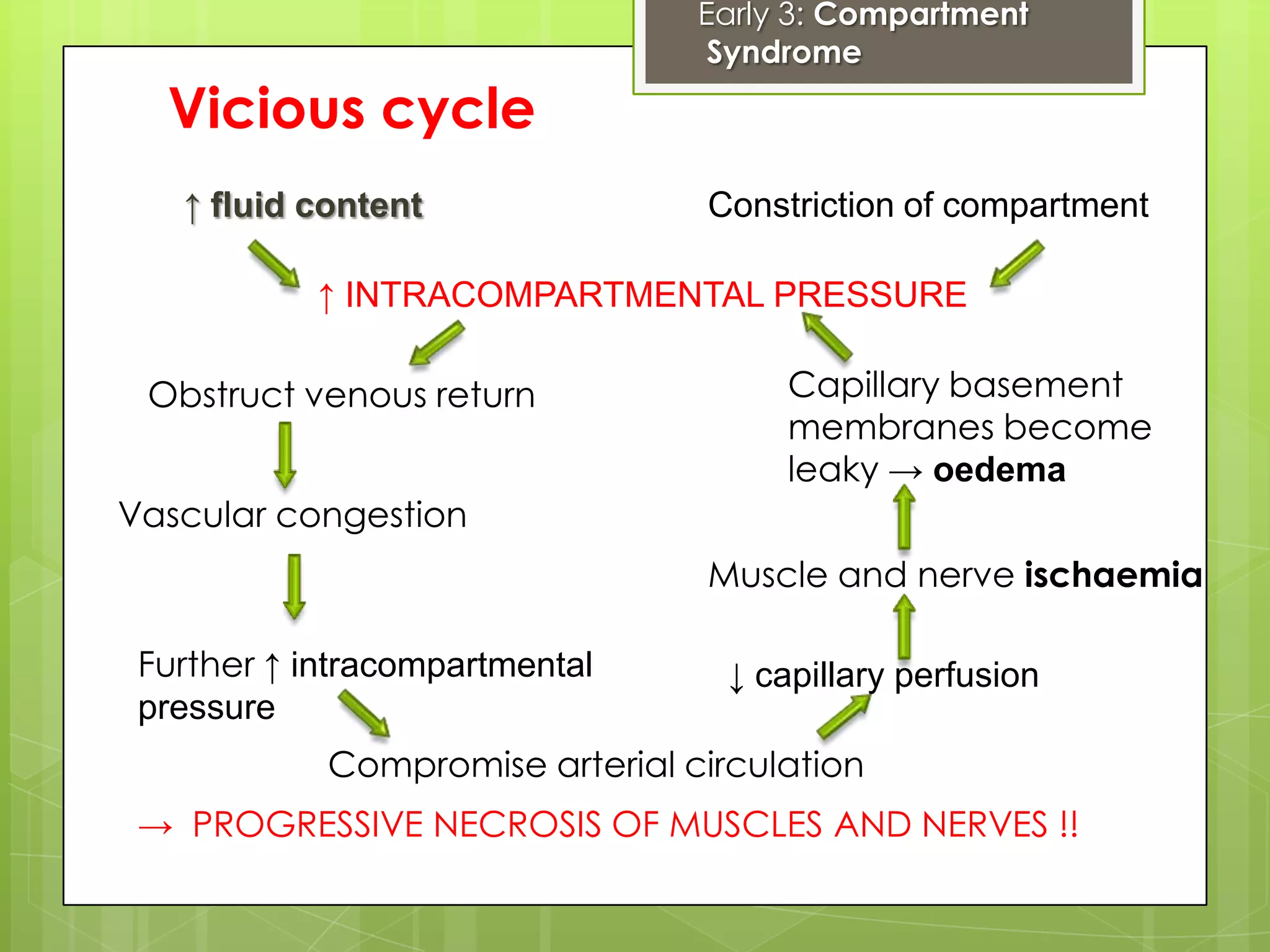 Early 2: Vascular injurymuscle ischaemic is irrevesible after 6 hours.Remove all bandages and splint & assess circulationSkeletal stabilization – temporary external fixation.Definitive vascular repair.Vessel suturedendarterectomy