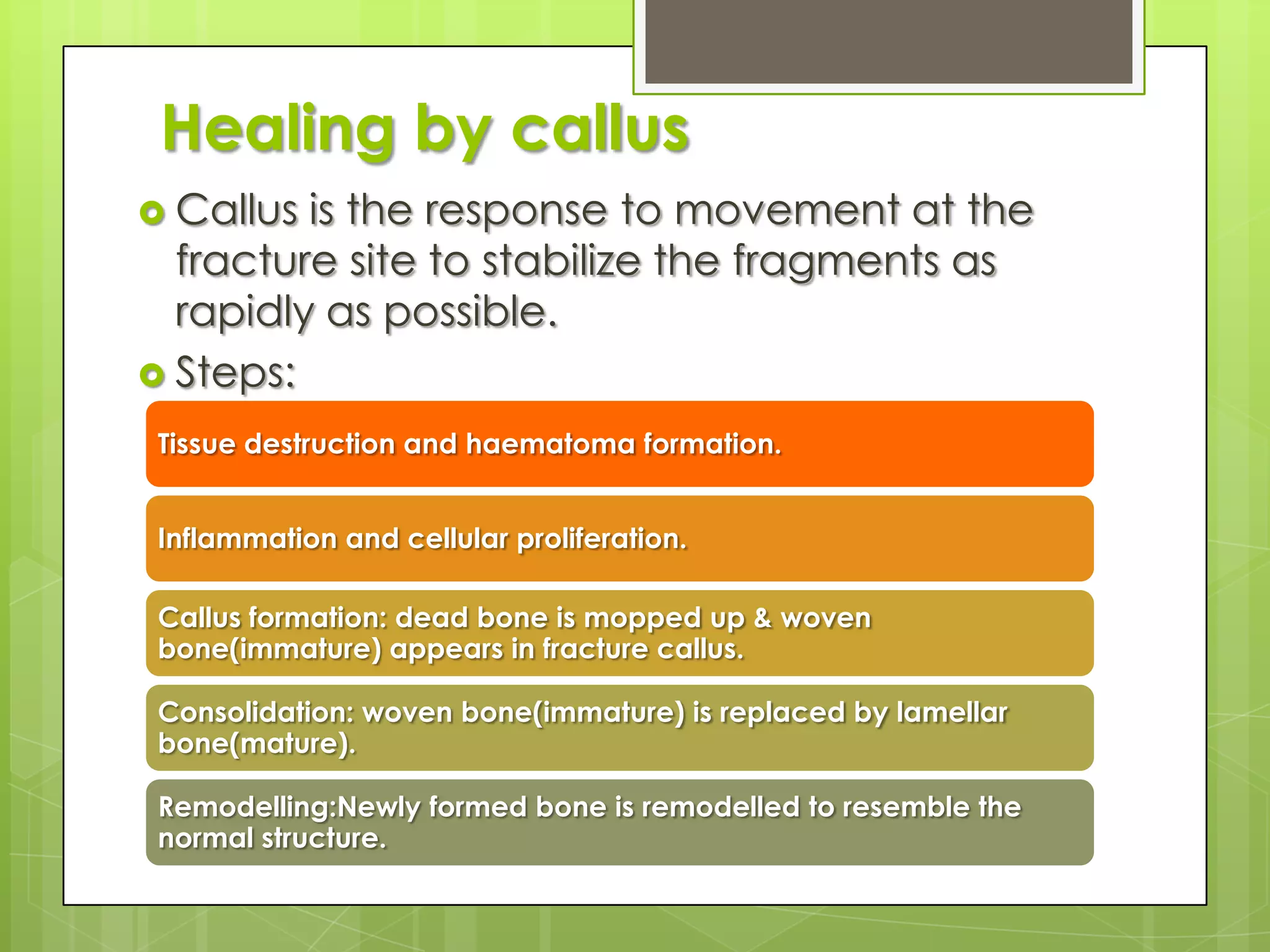 Healing by callusCallus is the response to movement at the fracture site to stabilize the fragments as rapidly as possible.Steps: