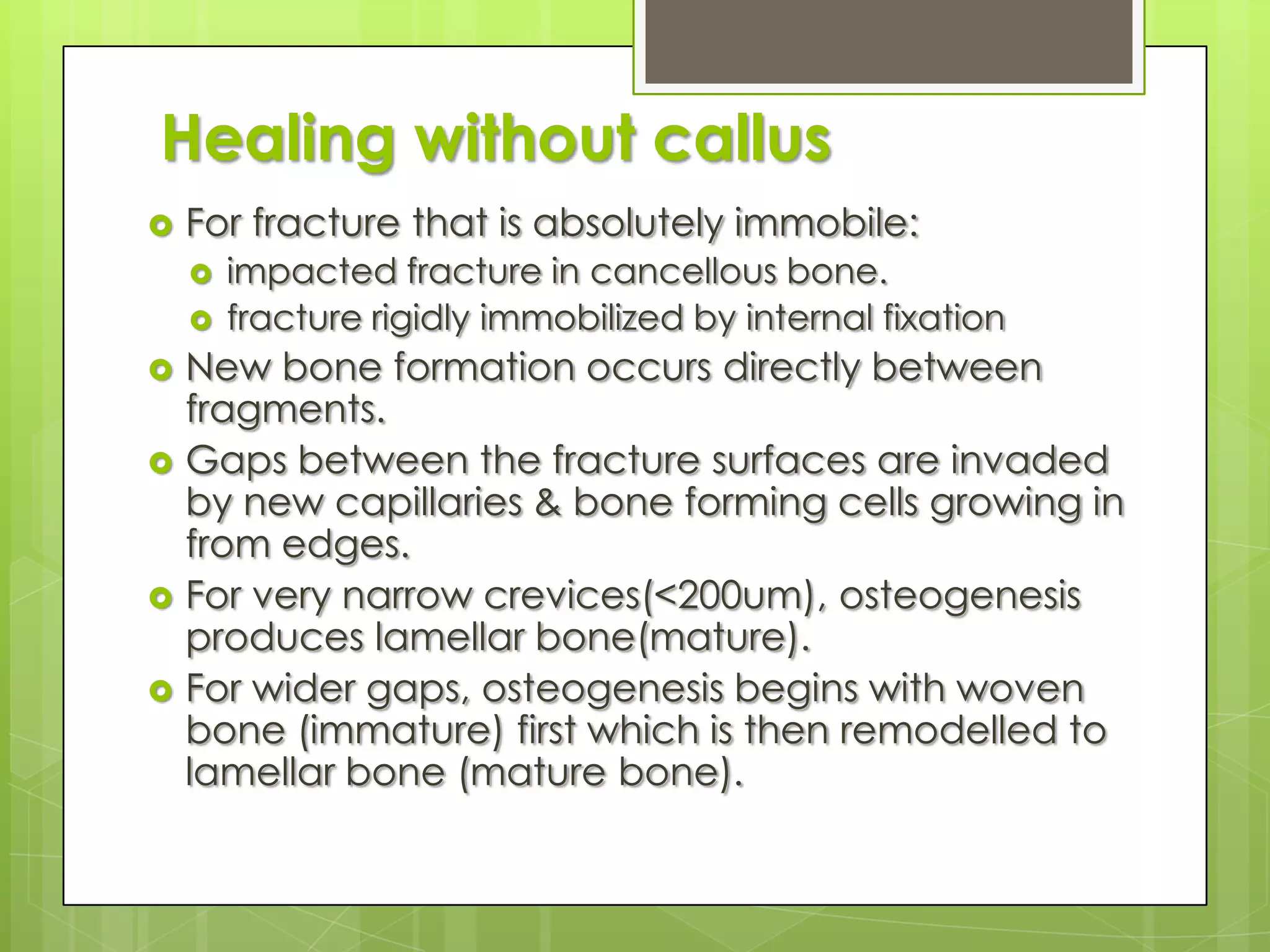 Healing without callusFor fracture that is absolutely immobile:impacted fracture in cancellous bone.fracture rigidly immobilized by internal fixationNew bone formation occurs directly between fragments.Gaps between the fracture surfaces are invaded by new capillaries & bone forming cells growing in from edges.For very narrow crevices(<200um), osteogenesis produces lamellar bone(mature).For wider gaps, osteogenesis begins with woven bone (immature) first which is then remodelled to lamellar bone (mature bone).