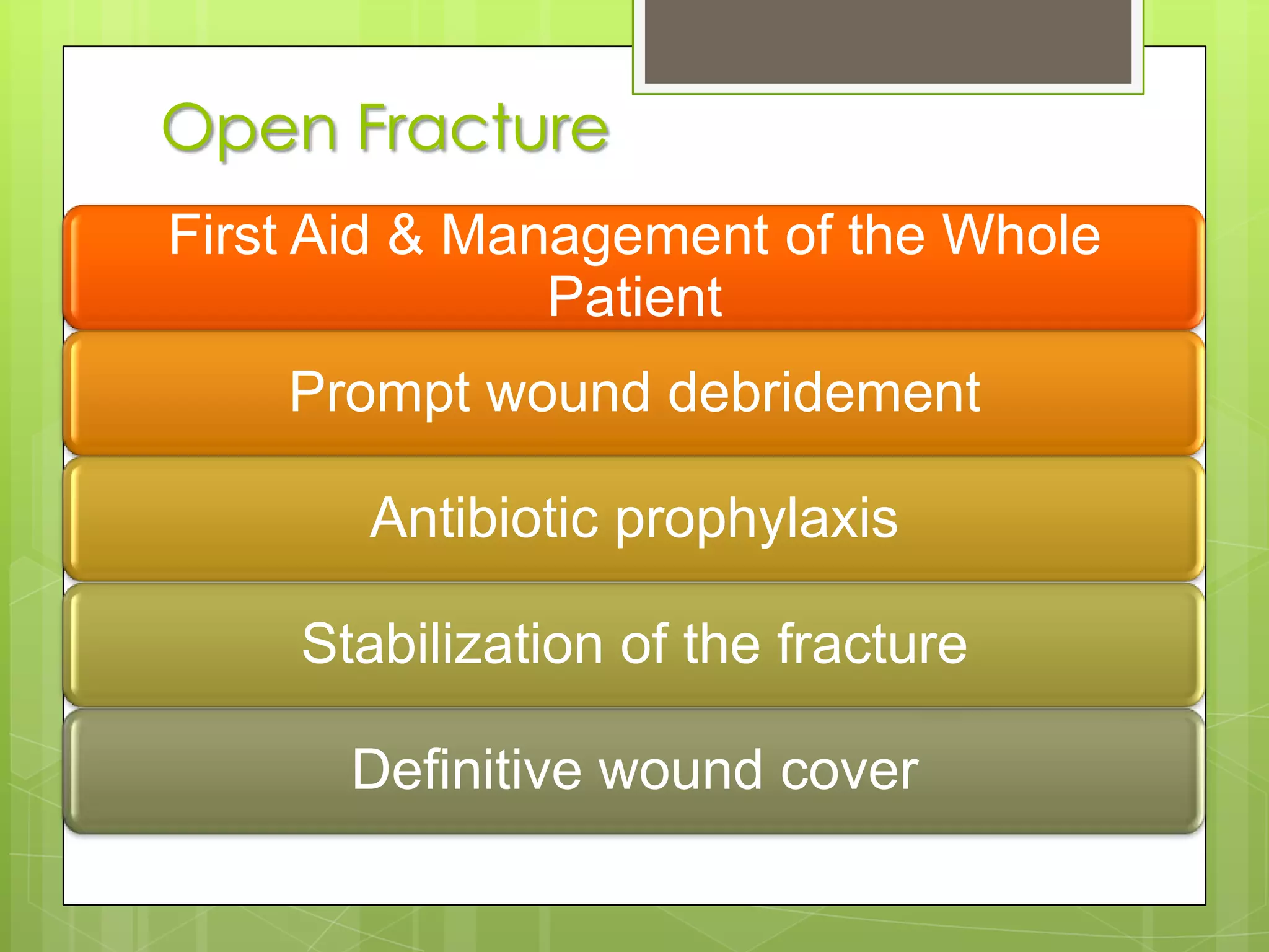 ExercisePrevention of edemaactive exercise and elevationActive exercise also stimulates the circulation. Prevents soft-tissue adhesion and promotes fracture healing.Preserve the joint movementRestore muscle powerFunctional activity