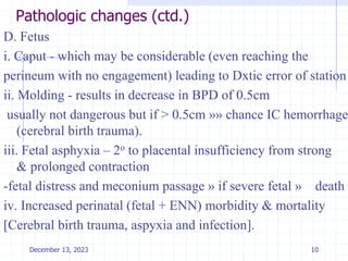 Pathologic changes (ctd.)
D. Fetus
i. Caput - which may be considerable (even reaching the
perineum with no engagement) leading to Dxtic error of station
ii. Molding - results in decrease in BPD of 0.5cm
usually not dangerous but if > 0.5cm »» chance IC hemorrhage
(cerebral birth trauma).
iii. Fetal asphyxia – 2o to placental insufficiency from strong
& prolonged contraction
-fetal distress and meconium passage » if severe fetal » death
iv. Increased perinatal (fetal + ENN) morbidity & mortality
[Cerebral birth trauma, aspyxia and infection].
10
December 13, 2023
 