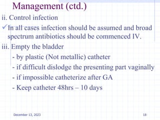 Management (ctd.)
ii. Control infection
In all cases infection should be assumed and broad
spectrum antibiotics should be commenced IV.
iii. Empty the bladder
- by plastic (Not metallic) catheter
- if difficult dislodge the presenting part vaginally
- if impossible catheterize after GA
- Keep catheter 48hrs – 10 days
18
December 13, 2023
 