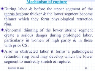 Mechanism of rupture
During labor & before the upper segment of the
uterus become thicker & the lower segment become
thinner which they form physiological retraction
ring.
Abnormal thinning of the lower uterine segment
create a serious danger during prolonged labor,
particularly in women of high parity & in those
with prior CS .
Also in obstructed labor it forms a pathological
retraction ring band may develop which the lower
segment to markedly stretch & rupture.
December 13, 2023 29
 