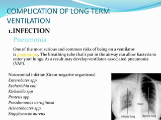 COMPLICATION OF LONG TERM
VENTILATION
1.INFECTION
Pneumonia
One of the most serious and common risks of being on a ventilator
is pneumonia. The breathing tube that's put in the airway can allow bacteria to
enter your lungs. As a result,may develop ventilator-associated pneumonia
(VAP).
Nosocomial infction(Gram-negative organisms)
Enterobcter spp
Escherichia coli
Klebsiella spp
Proteus spp
Pseudomonas aeruginosa
Acinetobacter spp
Stapylococus aureus
 