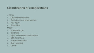 Classification of complications
• Minor
1. Orbital haematoma
2. Orbital surgical emphysema.
3. NLD injury
4. Synechiae
Major
1. Haemorrhage.
2. Blindness
3. Injury to internal carotid artery.
4. CSF rhinorrhea
5. Pneumocephalus
6. Brain abscess
7. Death
 
