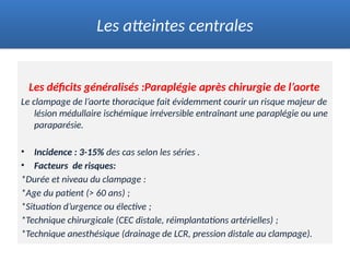 Les déficits généralisés :Paraplégie après chirurgie de l’aorte
Le clampage de l’aorte thoracique fait évidemment courir un risque majeur de
lésion médullaire ischémique irréversible entraînant une paraplégie ou une
paraparésie.
• Incidence : 3-15% des cas selon les séries .
• Facteurs de risques:
*Durée et niveau du clampage :
*Age du patient (> 60 ans) ;
*Situation d’urgence ou élective ;
*Technique chirurgicale (CEC distale, réimplantations artérielles) ;
*Technique anesthésique (drainage de LCR, pression distale au clampage).
Les atteintes centrales
 