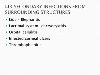 Lids - Blepharitis Lacrimal system –dacryocystitis. Orbital cellulitis Infected corneal ulcers Thrombophlebitis 