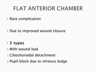 Rare complication Due to improved wound closure 3 types With wound leak Ciliochoroidal detachment Pupil block due to vitreous bulge 