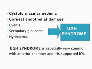 Cystoid macular oedema Corneal endothelial damage Uveitis Secondary glaucoma Hyphaema. UGH SYNDROME  is especially very common with anterior chamber and iris supported IOL. UGH SYNDROME 