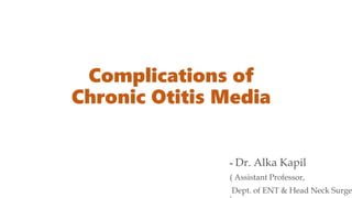 Complications of
Chronic Otitis Media
- Dr. Alka Kapil
( Assistant Professor,
Dept. of ENT & Head Neck Surge
 