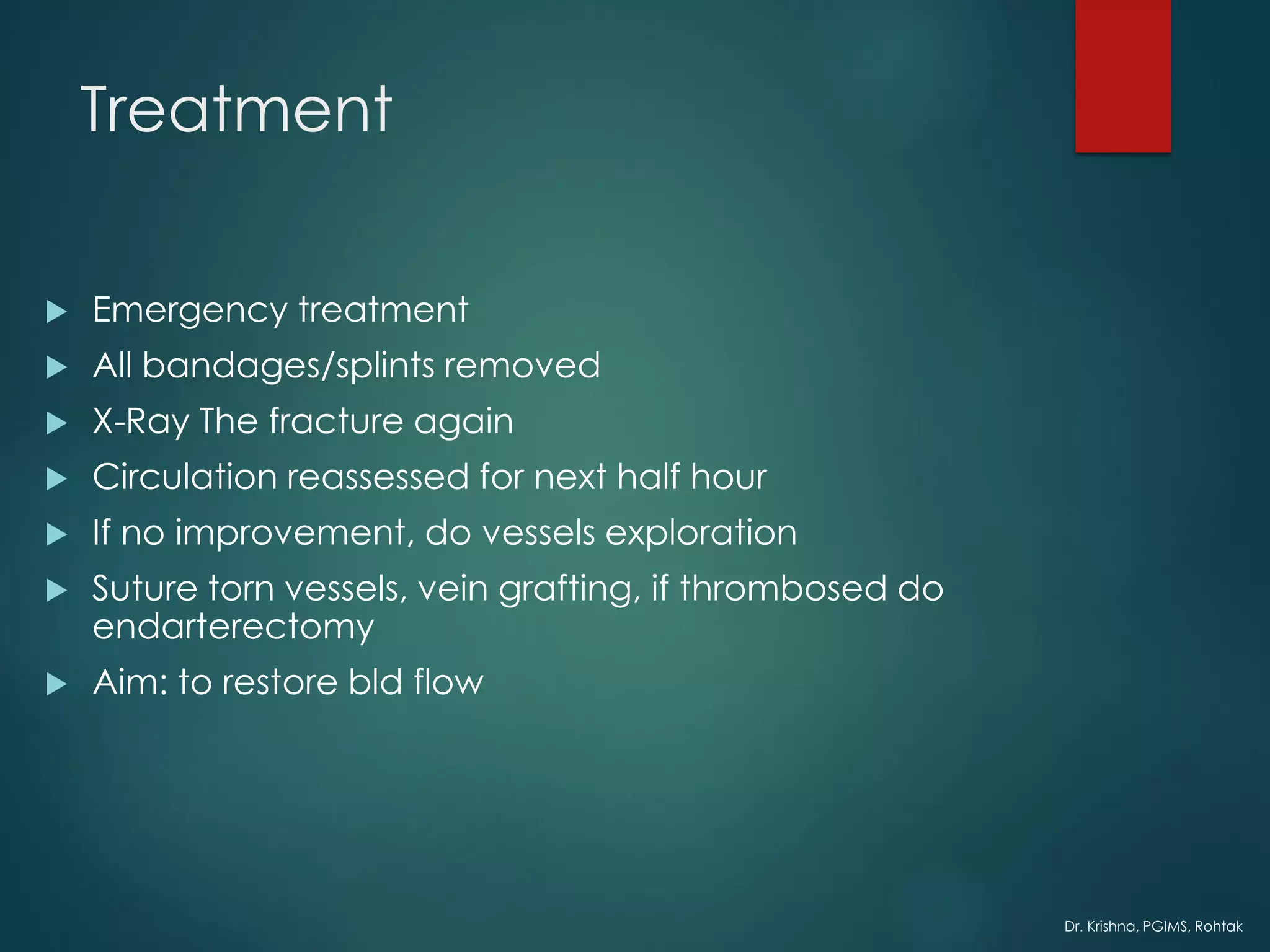 Dr. Krishna, PGIMS, Rohtak
Treatment
 Emergency treatment
 All bandages/splints removed
 X-Ray The fracture again
 Circulation reassessed for next half hour
 If no improvement, do vessels exploration
 Suture torn vessels, vein grafting, if thrombosed do
endarterectomy
 Aim: to restore bld flow
 