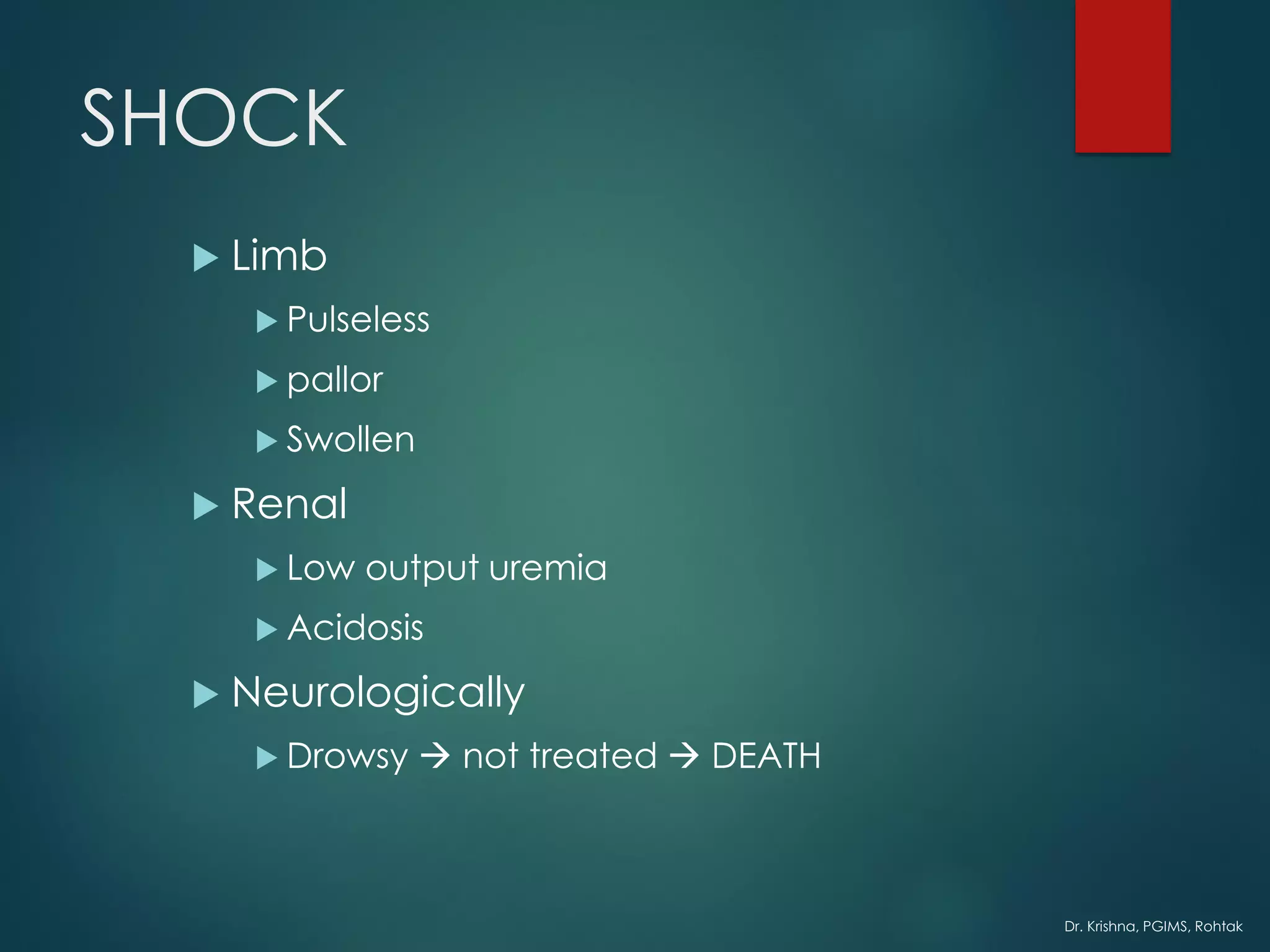 Dr. Krishna, PGIMS, Rohtak
SHOCK
 Limb
 Pulseless
 pallor
 Swollen
 Renal
 Low output uremia
 Acidosis
 Neurologically
 Drowsy → not treated → DEATH
 