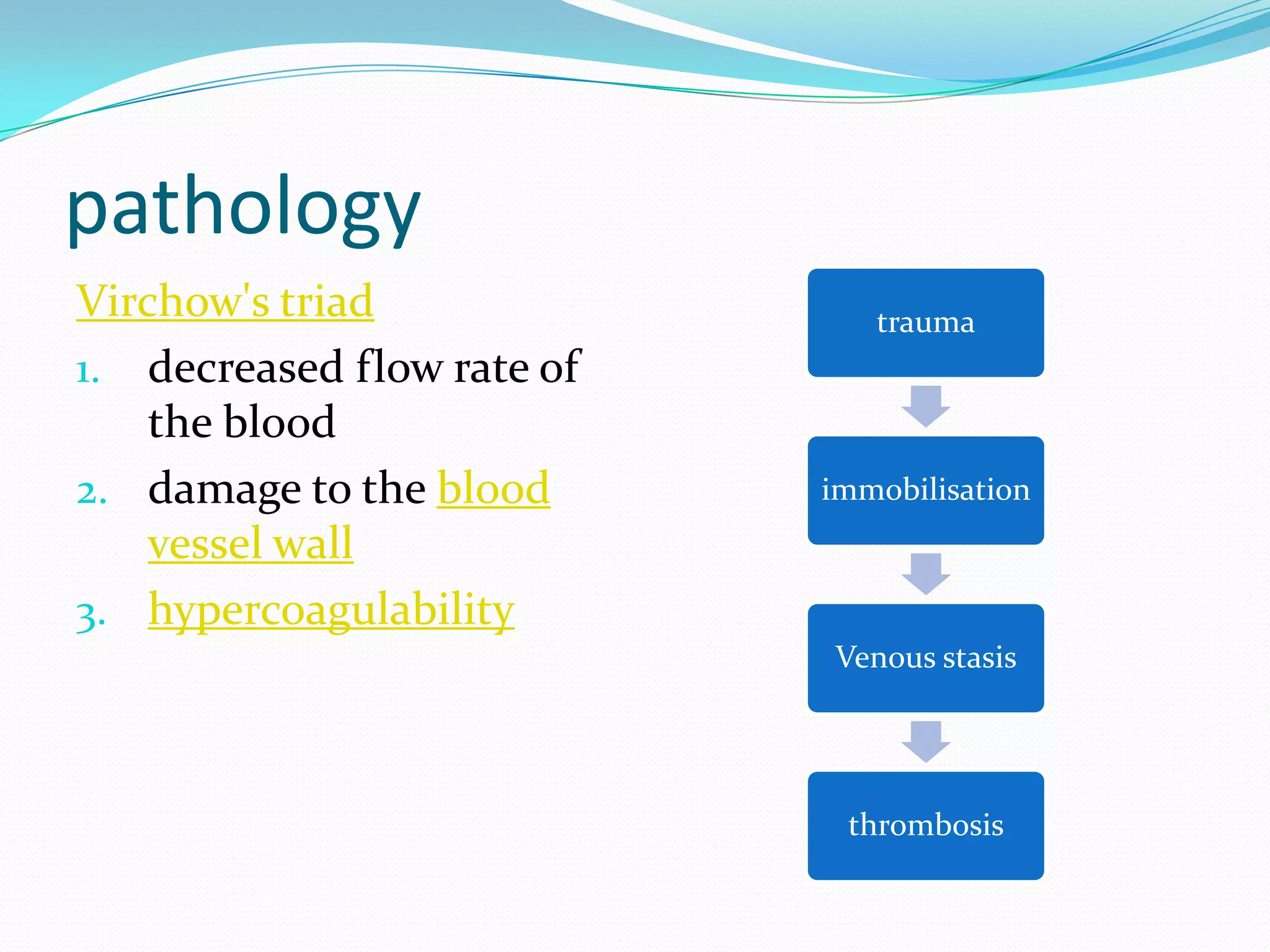 pathology
Virchow's triad
1. decreased flow rate of
the blood
2. damage to the blood
vessel wall
3. hypercoagulability
trauma
immobilisation
Venous stasis
thrombosis
 