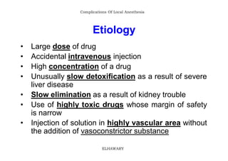 Complications Of Local Anesthesia




                        Etiology
•   Large dose of drug
•   Accidental intravenous i...