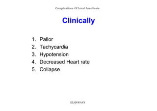 Complications Of Local Anesthesia




                Clinically

1.   Pallor
2.   Tachycardia
3.   Hypotension
4.   Decre...