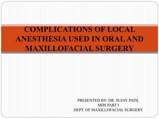 COMPLICATIONS OF LOCAL
ANESTHESIA USED IN ORALAND
MAXILLOFACIAL SURGERY
PRESENTED BY- DR. SUJAY PATIL
MDS PART I
DEPT. OF MAXILLOFACIAL SURGERY
 