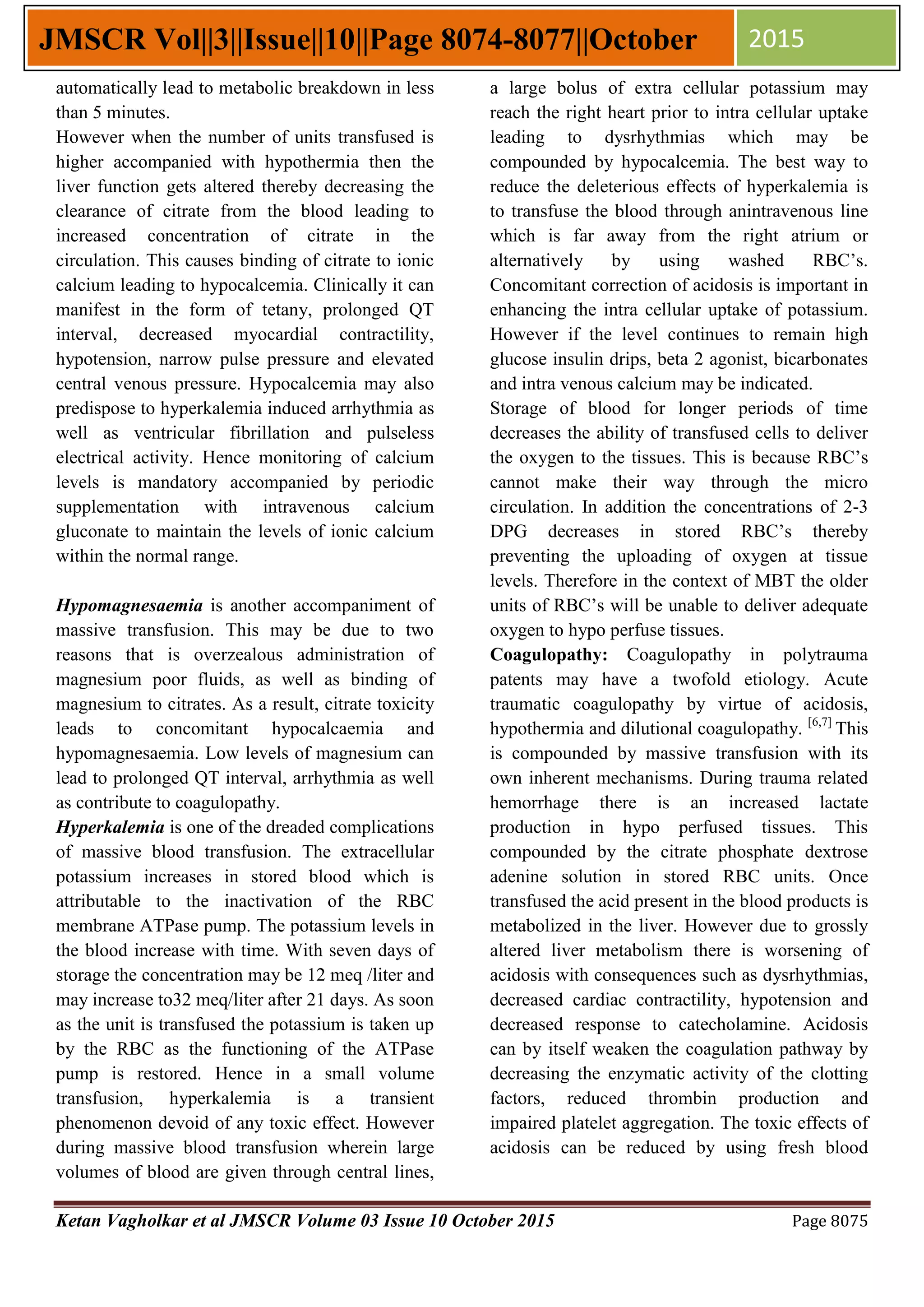 Complications of massive blood transfusion | PDF