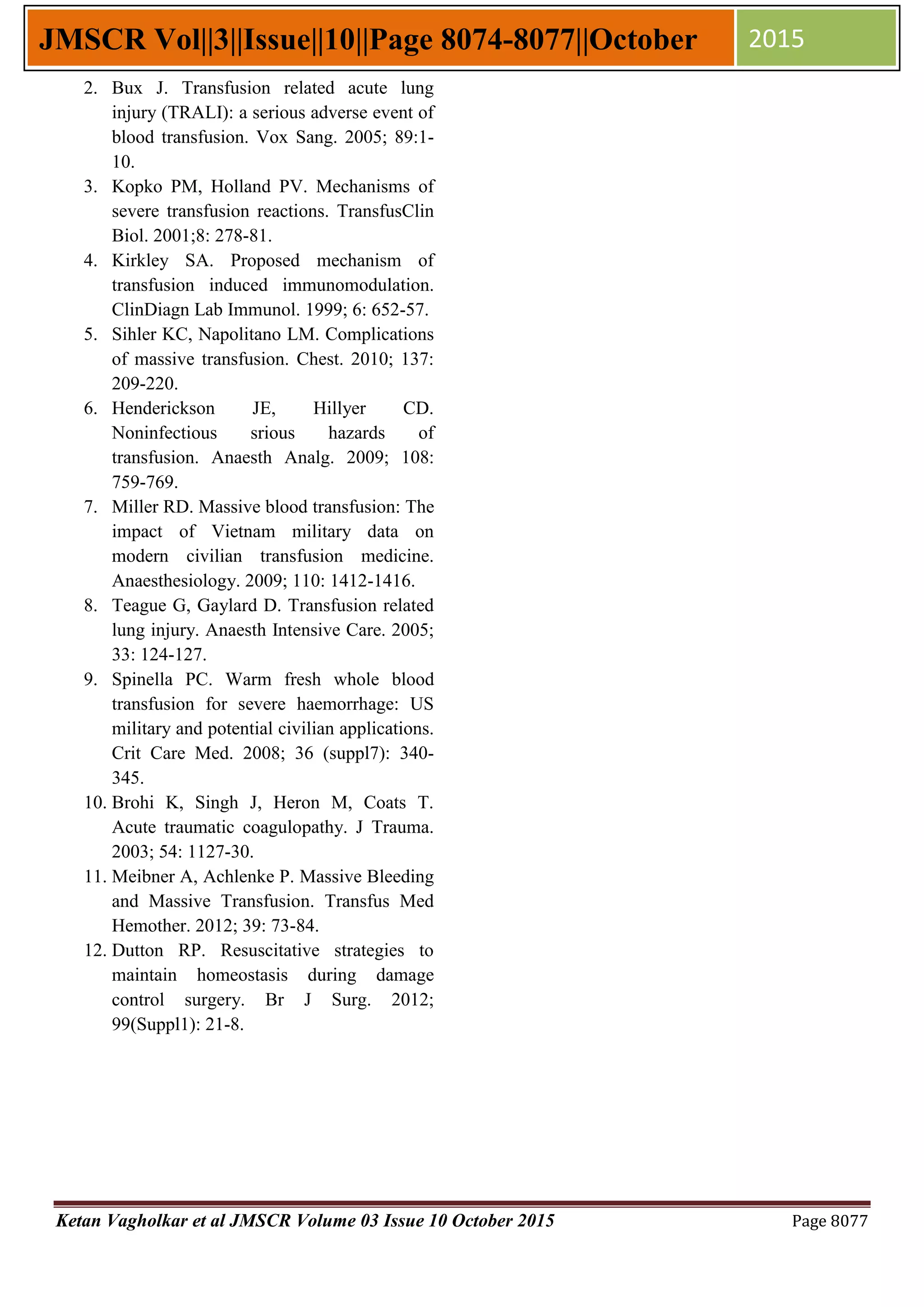 Complications of massive blood transfusion | PDF
