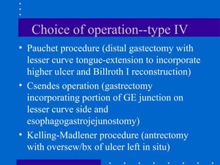 Choice of operation--type IV
• Pauchet procedure (distal gastectomy with
lesser curve tongue-extension to incorporate
higher ulcer and Billroth I reconstruction)
• Csendes operation (gastrectomy
incorporating portion of GE junction on
lesser curve side and
esophagogastrojejunostomy)
• Kelling-Madlener procedure (antrectomy
with oversew/bx of ulcer left in situ)
 