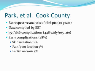 Park, et al. Cook County
 Retrospective analysis of 1616 pts (20 years)
 Data compiled by EST
 553/1616 complications (448 early/105 late)
 Early complications (28%)
 Skin irritation 12%
 Pain/poor location 7%
 Partial necrosis 5%
 