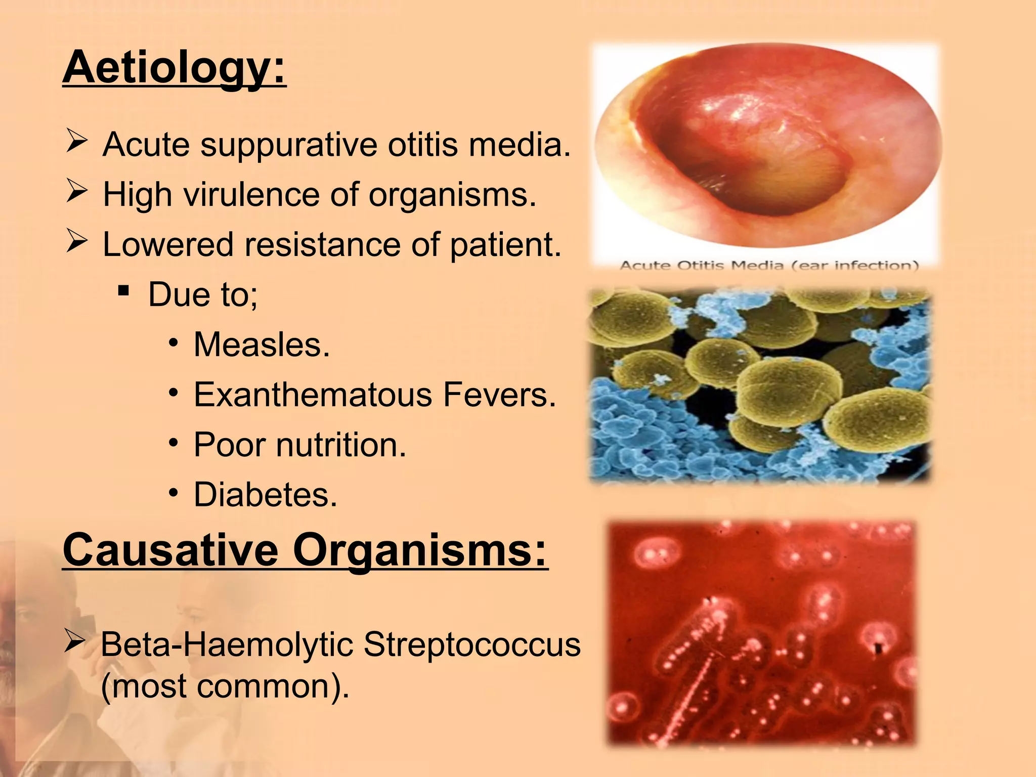 Aetiology:
 Acute suppurative otitis media.
 High virulence of organisms.
 Lowered resistance of patient.
    Due to;
      • Measles.
      • Exanthematous Fevers.
      • Poor nutrition.
      • Diabetes.
Causative Organisms:
 Beta-Haemolytic Streptococcus
  (most common).
 