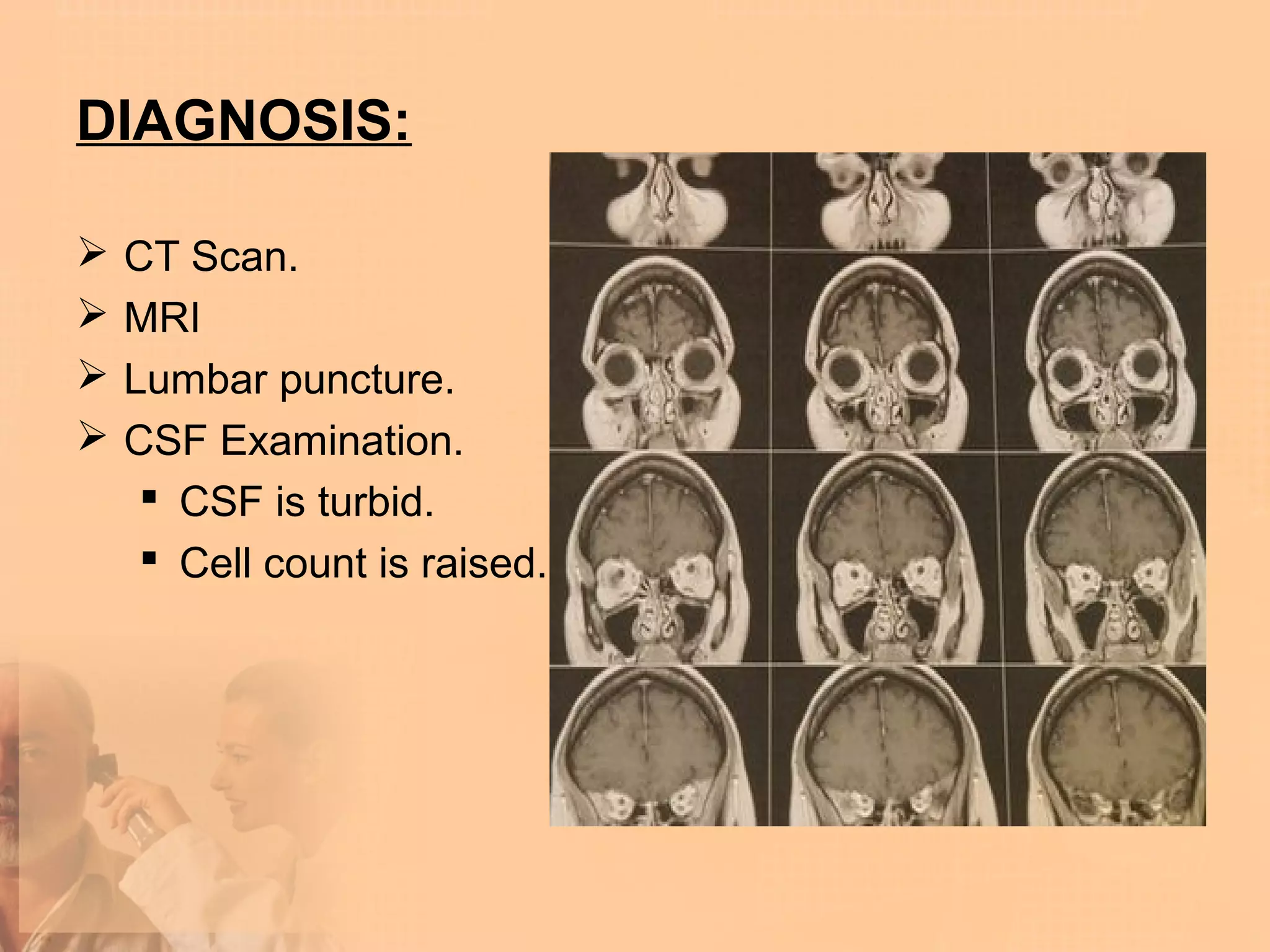 DIAGNOSIS:

   CT Scan.
   MRI
   Lumbar puncture.
   CSF Examination.
      CSF is turbid.
      Cell count is raised.
 