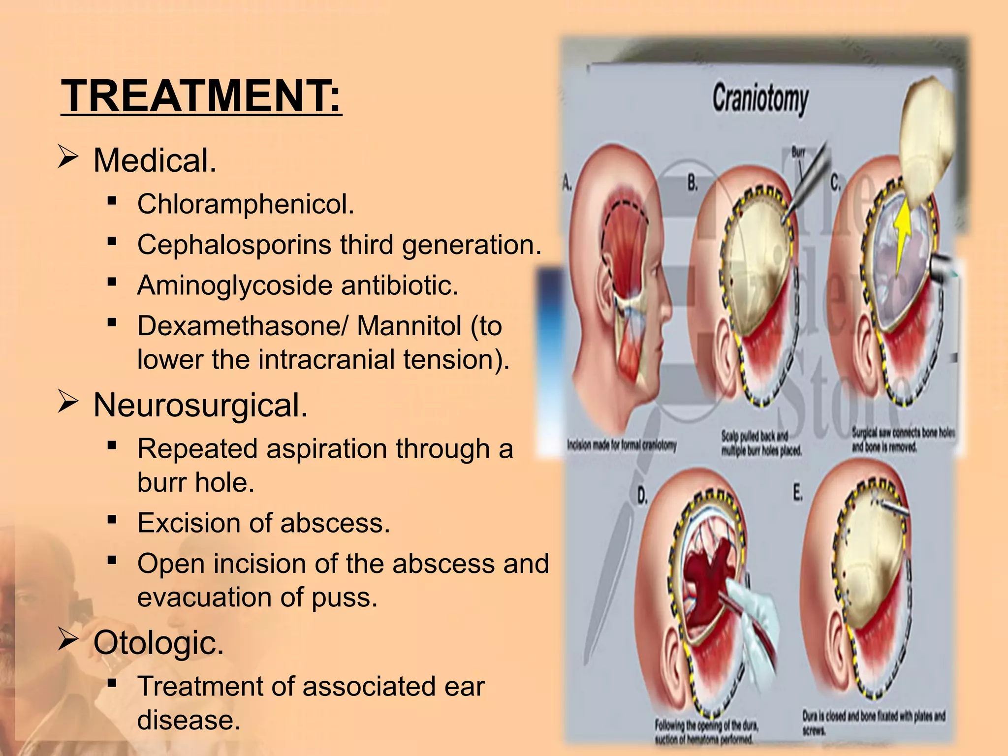 TREATMENT:
 Medical.
      Chloramphenicol.
      Cephalosporins third generation.
      Aminoglycoside antibiotic.
      Dexamethasone/ Mannitol (to
       lower the intracranial tension).
 Neurosurgical.
    Repeated aspiration through a
     burr hole.
    Excision of abscess.
    Open incision of the abscess and
     evacuation of puss.
 Otologic.
    Treatment of associated ear
     disease.
 