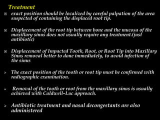 Treatment
 exact position should be localized by careful palpation of the area
suspected of containing the displaced root tip.
 Displacement of the root tip between bone and the mucosa of the
maxillary sinus does not usually require any treatment.(just
antibiotic)
 Displacement of Impacted Tooth, Root, or Root Tip into Maxillary
Sinus removal better to done immediately, to avoid infection of
the sinus
 The exact position of the tooth or root tip must be confirmed with
radiographic examination.
 Removal of the tooth or root from the maxillary sinus is usually
achieved with Caldwell–Luc approach.
 Antibiotic treatment and nasal decongestants are also
administered
 