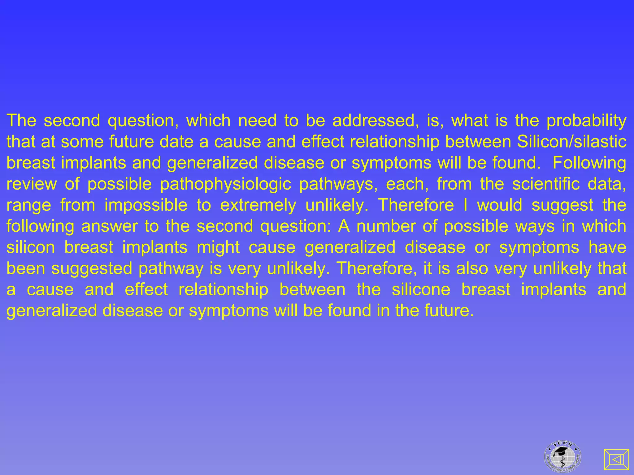 The second question, which need to be addressed, is, what is the probability
that at some future date a cause and effect relationship between Silicon/silastic
breast implants and generalized disease or symptoms will be found. Following
review of possible pathophysiologic pathways, each, from the scientific data,
range from impossible to extremely unlikely. Therefore I would suggest the
following answer to the second question: A number of possible ways in which
silicon breast implants might cause generalized disease or symptoms have
been suggested pathway is very unlikely. Therefore, it is also very unlikely that
a cause and effect relationship between the silicone breast implants and
generalized disease or symptoms will be found in the future.
 
