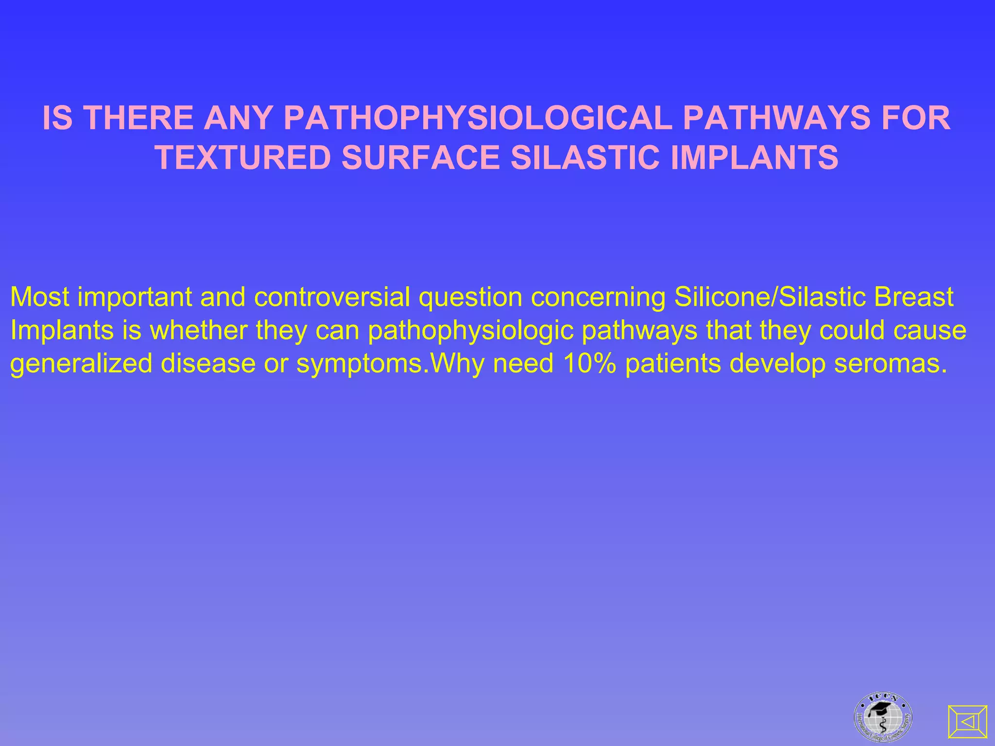 Most important and controversial question concerning Silicone/Silastic Breast
Implants is whether they can pathophysiologic pathways that they could cause
generalized disease or symptoms.Why need 10% patients develop seromas.
IS THERE ANY PATHOPHYSIOLOGICAL PATHWAYS FOR
TEXTURED SURFACE SILASTIC IMPLANTS
 