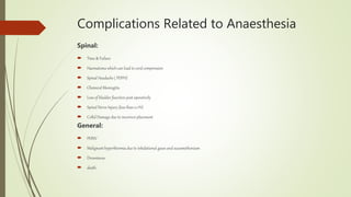 Complications Related to Anaesthesia
Spinal:
 Time & Failure
 Haematoma which can lead to cord compression
 Spinal Headache ( PDPH)
 Chemical Meningitis
 Loss of bladder function post operatively
 Spinal Nerve Injury (less than 0.1%)
 CoRd Damage due to incorrect placement
General:
 PONV
 Malignant hyperthermia due to inhalational gases and suxamethonium
 Drowsiness
 death
 