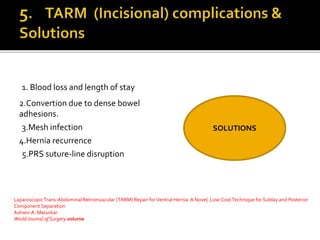 1. Blood loss and length of stay
2.Convertion due to dense bowel
adhesions.
3.Mesh infection
4.Hernia recurrence
5.PRS suture-line disruption
LaparoscopicTrans-Abdominal Retromuscular (TARM) Repair forVentral Hernia:A Novel, Low-CostTechnique for Sublay and Posterior
Component Separation
Ashwin A. Masurkar
WorldJournal of Surgery volume
SOLUTIONS
 