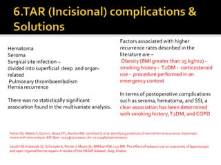Hematoma
Seroma
Surgical site infection –
divided into superficial deep and organ-
related
Pulmonary thromboembolism
Hernia recurrence
There was no statistically significant
association found in the multivariate analysis.
Factors associated with higher
recurrence rates described in the
literature are –
Obesity (BMI greater than 25 kg/m2) -
smoking history - T2DM - corticosteroid
use - procedure performed in an
emergency context
In terms of postoperative complications
such as seroma, hematoma, and SSI, a
clear association has been determined
with smoking history,T2DM, and COPD
Parker SG, Mallett S, Quinn L, Wood CPJ, Boulton RW, Jamshaid S, et al. Identifying predictors of ventral hernia recurrence: Systematic
review and meta-analysis. BJS Open. 2021;5(2):zraa071. doi: 10.1093/bjsopen/zraa071.
Landin M, Kubasiak JC, Schimpke S, Poirier J, Myers JA, Millikan KW, Luu MB.The effect of tobacco use on outcomes of laparoscopic
and open inguinal hernia repairs:A review of the NSQIP dataset. Surg. Endosc.
 
