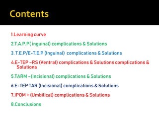 1.Learning curve
2.T.A.P.P( inguinal) complications & Solutions
3. T.E.P/E-T.E.P (Inguinal) complications & Solutions
4.E-TEP –RS (Ventral) complications & Solutions complications &
Solutions
5.TARM –(Incisional) complications & Solutions
6.E-TEP TAR (Incisional) complications & Solutions
7.IPOM + (Umbilical) complications & Solutions
8.Conclusions
 
