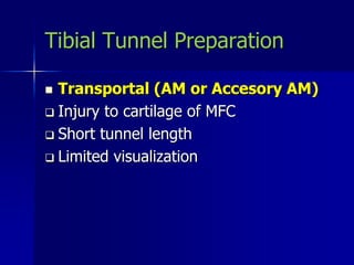 Tibial Tunnel Preparation
 Transportal (AM or Accesory AM)
 Injury to cartilage of MFC
 Short tunnel length
 Limited visualization
 