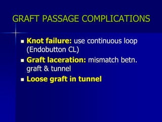 GRAFT PASSAGE COMPLICATIONS
 Knot failure: use continuous loop
(Endobutton CL)
 Graft laceration: mismatch betn.
graft & tunnel
 Loose graft in tunnel
 