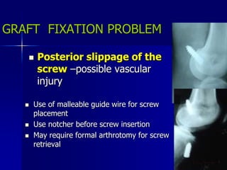 GRAFT FIXATION PROBLEM
 Posterior slippage of the
screw –possible vascular
injury
 Use of malleable guide wire for screw
placement
 Use notcher before screw insertion
 May require formal arthrotomy for screw
retrieval
 